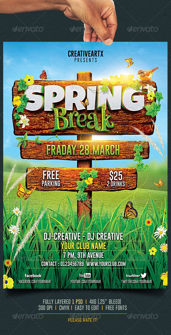 spring break flyer template with hand holding up a sign in front of grass and flowers