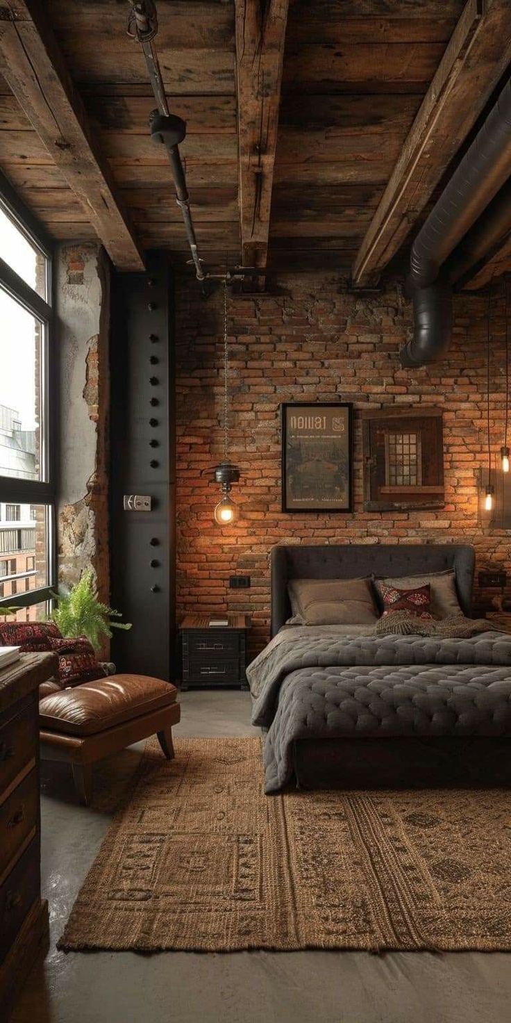 a bedroom with brick walls and exposed ceilings