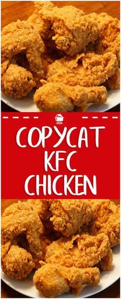 two plates with fried chicken on them and the words copycat keg chicken above it