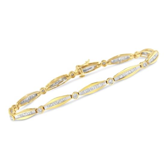 Elegant and timeless, this gorgeous 14K yellow gold tennis bracelet features 1.5 carat total weight of diamonds with a whopping 121 stones in all. The tennis bracelet features alternating round links with bezel set, brilliant cut diamonds and tapered links with channel set, baguette cut diamonds.The 7-1/8” bracelet culminates in a box with tongue clasp. This authentic design is crafted of real 14 karat yellow gold, a precious metal that will keep a tarnish-free shine for years to come. This clas Yellow Gold Tennis Bracelet With Baguette Cut Single Diamonds, Yellow Gold Tennis Bracelet With Single Cut Baguette Diamonds, Gold Diamond Bracelet With Brilliant And Baguette Cuts, Gold Diamond Bracelet With Baguette And Brilliant Cut, Yellow Gold Baguette Cut Tennis Bracelet For Anniversary, Gold Tennis Bracelet With Single Cut Baguette Diamonds, Gold Diamond Tennis Bracelet Channel Set, Gold Channel Set Diamond Tennis Bracelet, Gold Diamond Channel Set Tennis Bracelet