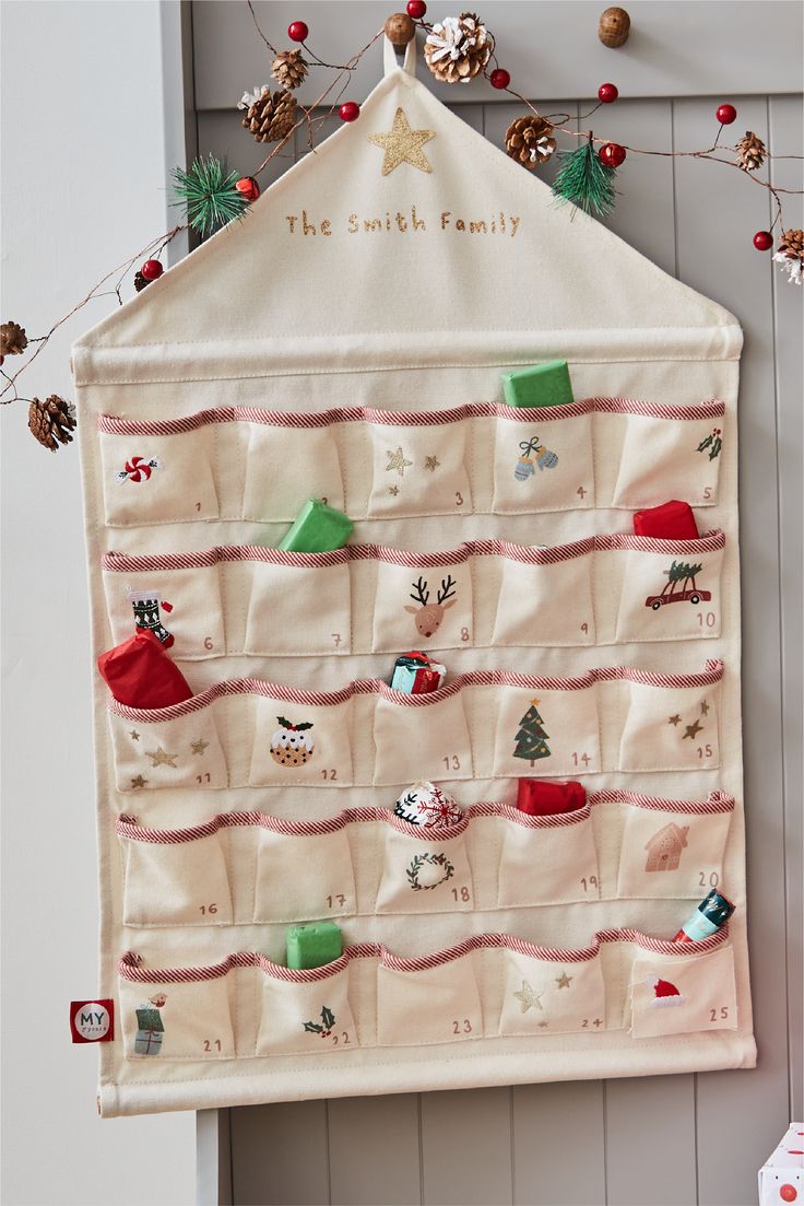 a christmas stocking board hanging on the wall with stockings and hats attached to it