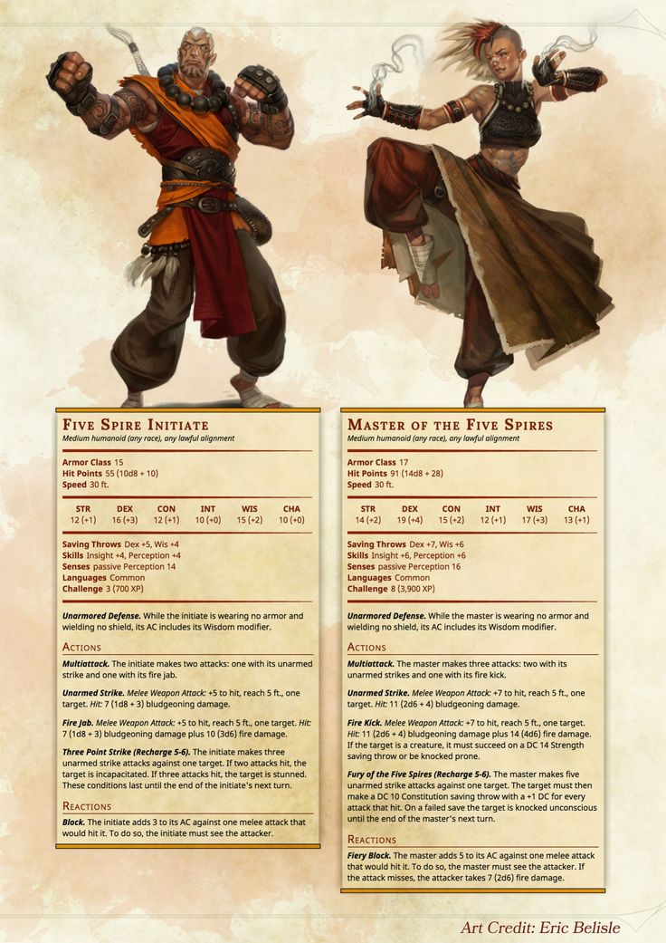 an info sheet with two characters in different poses, one is holding swords and the other has