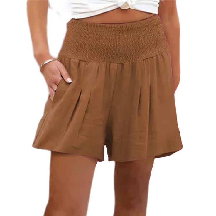 Khaki Solid High Waist Wide Leg Casual Shorts Casual Khaki Solid Color Shorts, Casual Brown Shorts For Day Out, Summer Brown Bottoms With Elastic Waistband, Brown Summer Bottoms With Elastic Waistband, Khaki High Waist Beach Shorts, High-waisted Khaki Shorts For The Beach, High Waist Khaki Shorts For Beach, Casual High Waist Brown Shorts, Casual Solid Brown Bottoms