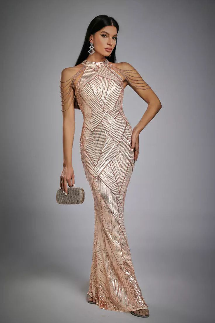 Pretty things always stand out, like Diana Rose Gold Sequin Maxi Dress. Elegant halterneck design, diamante sequined fabric perfectly shapes the curves of the figure. This mermaid evening dress is suitable for any important occasion, highlighting the temperament. Pair it with heels and a tote and you'll be the life of the party. Perfect!  Dress Length: Approx 155cm Materials: Bandage (90% Rayon, 9% Nylon, 1% Spandex) Gentle Dry Clean Only  Model is 5 ft 7 and wears size M  Colour may vary due to Rose Gold Mother Of The Bride Dress, Rose Gold Dress Outfit, Gold Dresses Long, Diana Rose, Maxi Dress Elegant, Gold Party Dress, Sequined Fabric, Glitter Wedding Dress, Golden Dress