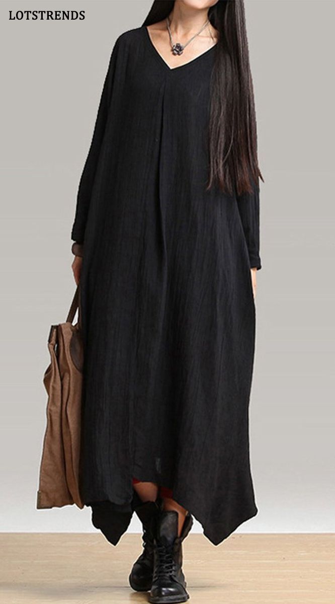 Fall Plus Size Maxi Black Linen Dress Black V-neck Long Sleeve Dress For Spring, Black Non-stretch Solid Midi Dress, Long Sleeve Shift Maxi Dress, Black Long Sleeve Maxi Dress For Summer, Long Black Cotton Dress, Black Cotton Long Sleeve Maxi Dress, Black Long Sleeve Dress For Fall, Black Long Sleeve Cotton Maxi Dress, Black Casual Midi Dress For Fall