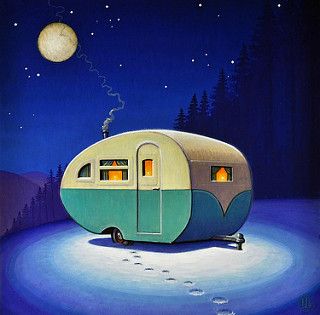 a painting of a trailer parked in the snow at night