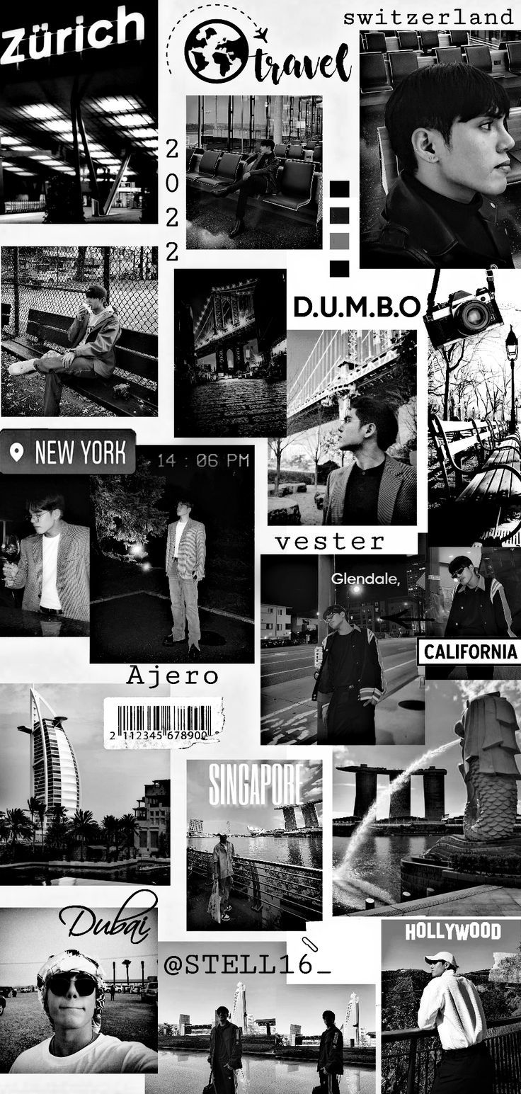 black and white collage with images of people in different cities, including the word new york