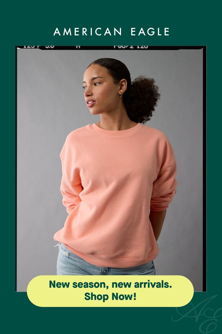 Super soft structured fleece/Crew neck/Ribbed cuffs & hem Solid Color Crew Neck Sweatshirt With Elastic Cuffs, Crew Neck Sweatshirt With Elastic Cuffs, Solid Crew Neck Sweatshirt With Elastic Cuffs, Everyday Fleece Sweater With Ribbed Cuffs, Hoodie Top, American Eagle Outfitters, Women's Jeans, American Eagle, Crew Neck Sweatshirt