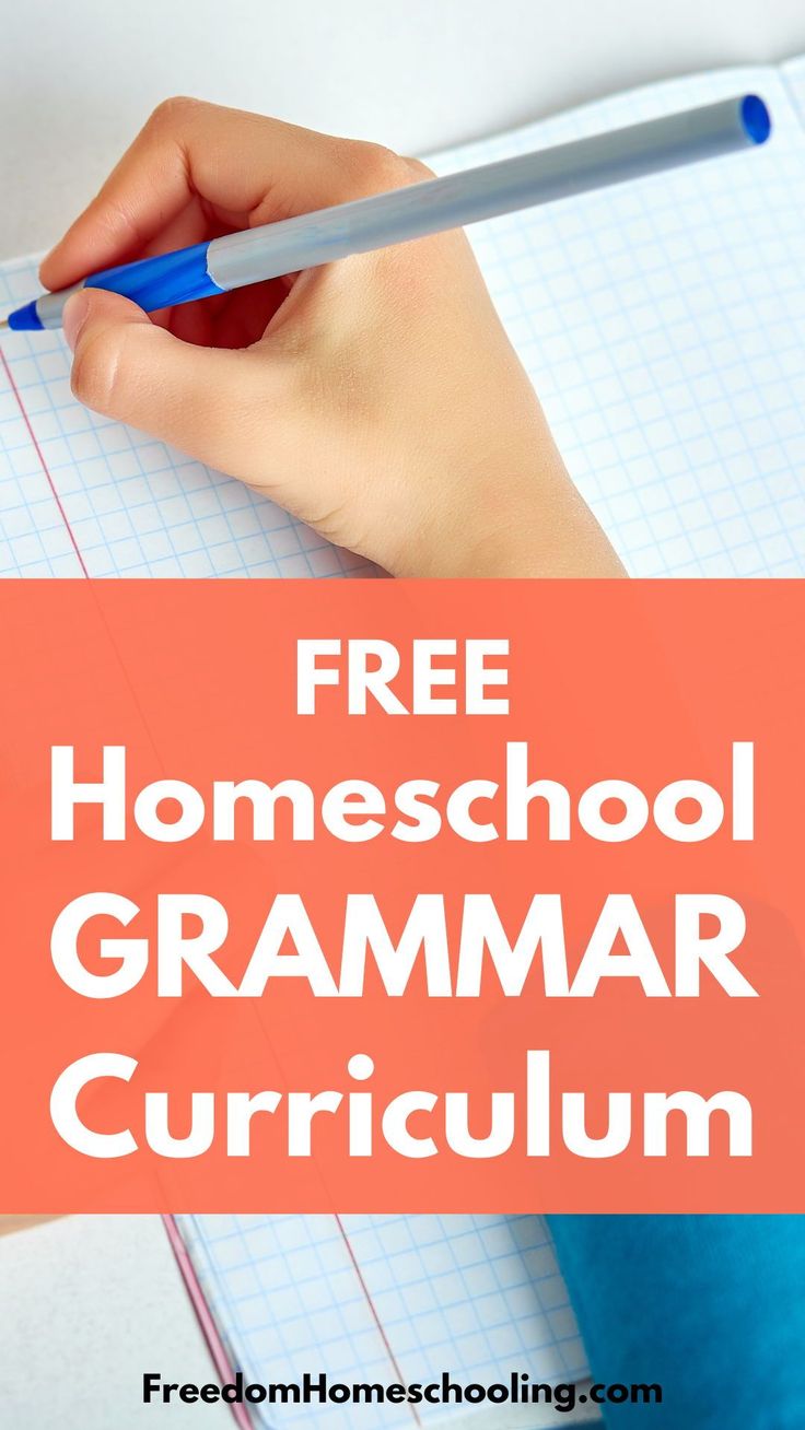 a hand holding a pencil over a notebook with the words free homeschool grammar