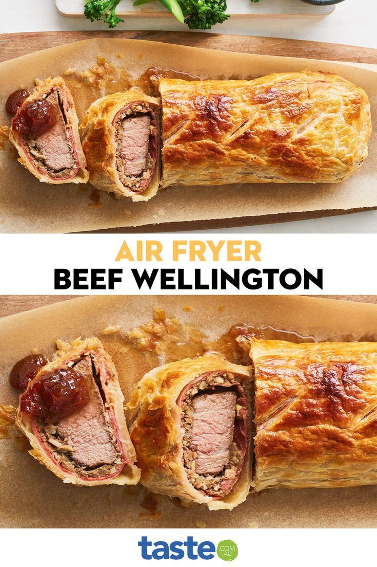 two different views of meat wellingtons with broccoli on the side and air fryer in the middle