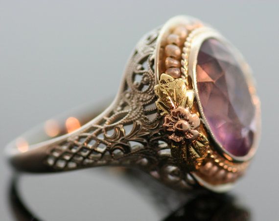 Antique 14k Tri-Tone Amethyst and Seed Pearl Ring Fork Jewelry, Micro Mosaic Jewelry, Seed Pearl Ring, Antique Wedding Rings, Gold Rings Jewelry, Antique Ring, Art Nouveau Jewelry, Ring Antique, Fancy Jewellery