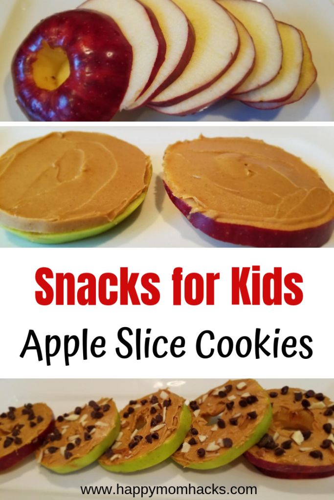 apple slices and cookies are arranged on a plate with the words snacks for kids apples slice cookies