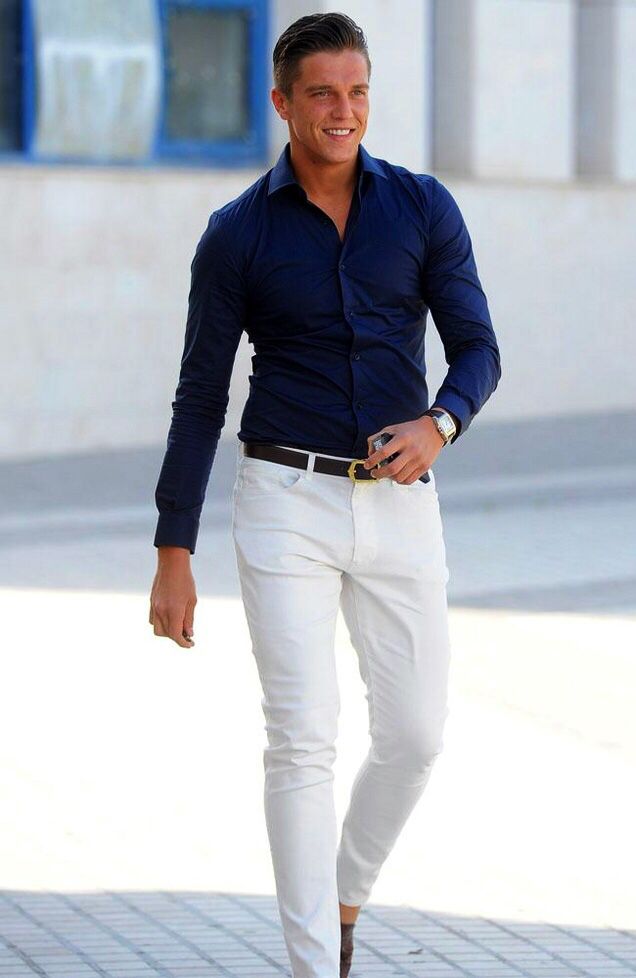 Lewis Bloor White Trousers Outfit Men, White Trousers Outfit, Mens White Trousers, Blazer Outfits Men, Trousers Outfit, Smart Casual Menswear, Navy Blue Shirt, Formal Men Outfit, Mens Casual Outfits Summer