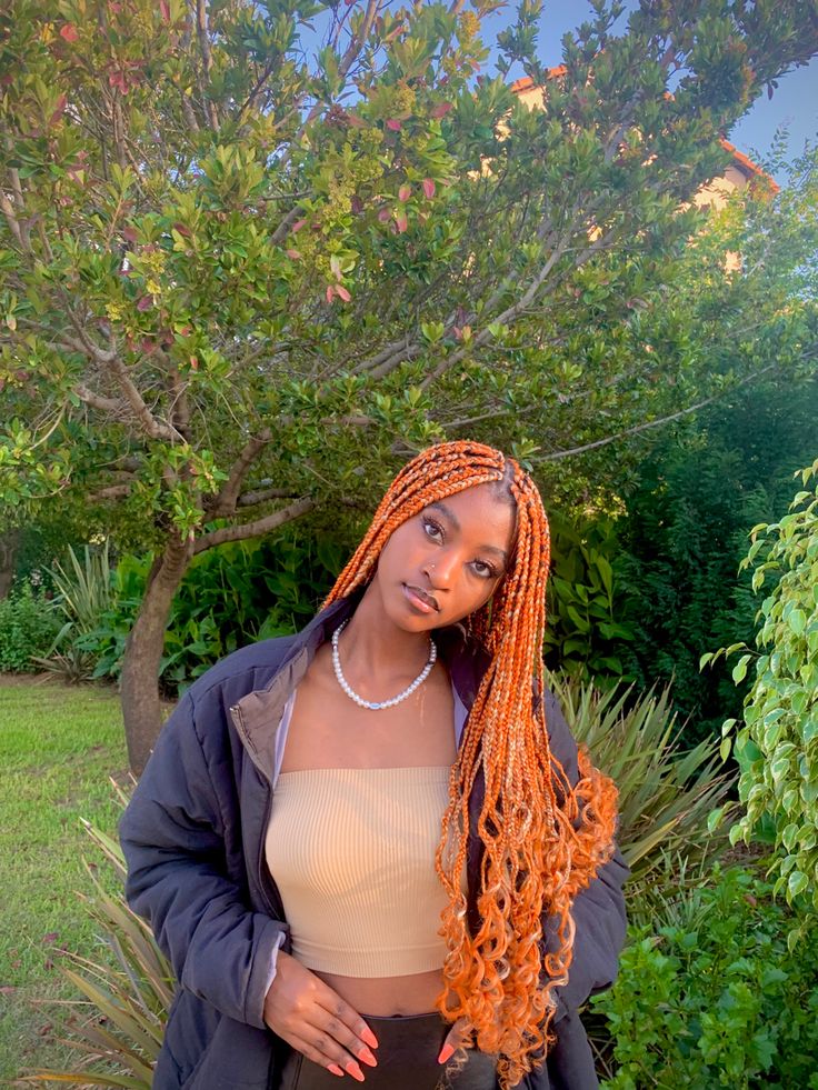 Orange Twists Black Women, Ginger Orange Braids For Black Women, Coloured Box Braids Black Women, Sunset Box Braids, Neon Orange Braids, Orange Twist Braids, Braided Hairstyles Orange, Orange Hair Black Women Braids, Orange Braids With Beads