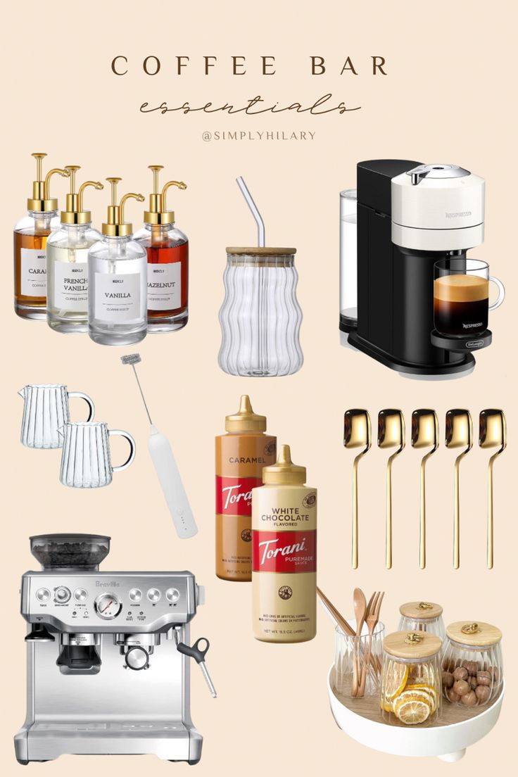 Amazon home essentials/finds for at home coffee bar Coffee Bar Ideas Restaurant, Coffee Bar Stand Ideas, At Home Barista Bar, Coffee Station Essentials, Coffee Bar List, Aesthetic Coffee Bar Home, Coffee Syrup Storage, Bar Cart Coffee Station, Coffee Bar Set Up