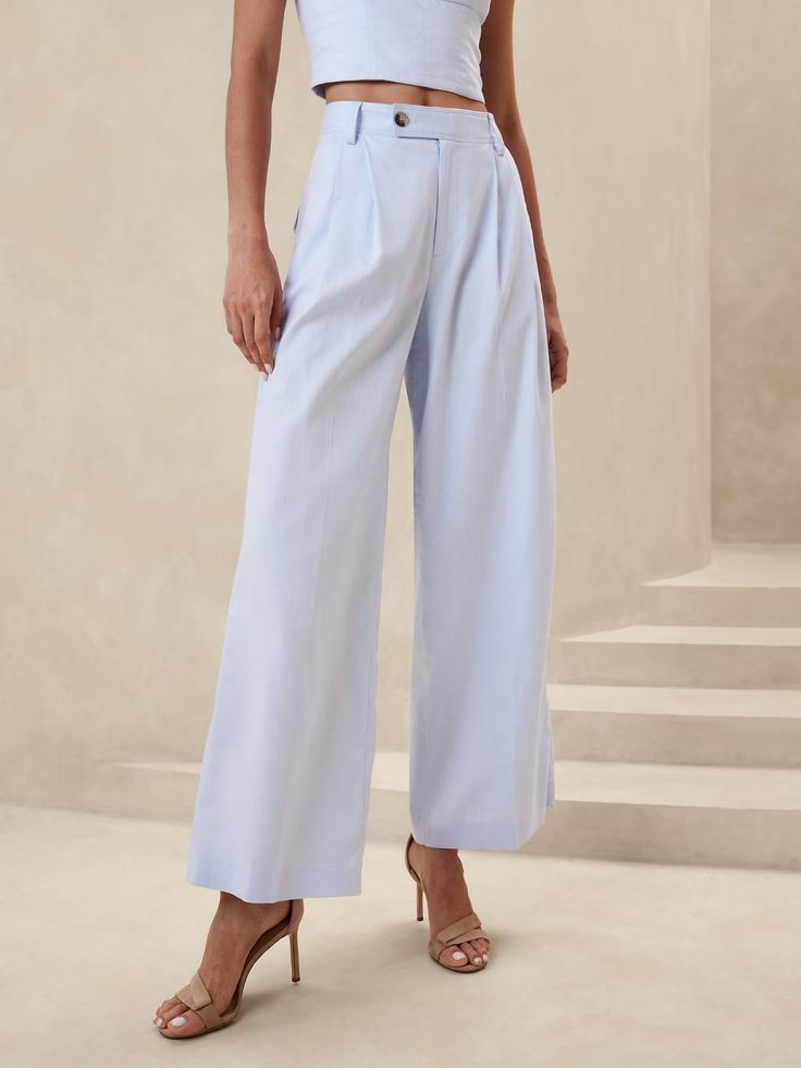 Linen-Blend Wide-Leg Pleated Trouser | Banana Republic Factory Versatile Wide Leg Formal Pants With Pockets, Versatile Formal Wide Leg Pants With Pockets, Versatile Wide Leg Pants With Pockets For Formal Occasions, Chic Semi-formal Bottoms With Welt Pockets, Semi-formal High Waist Pants With Pockets, Semi-formal Wide Leg Bottoms With Pockets, Semi-formal Wide-leg Pants With Pockets, Classic Wide Leg Bottoms With Button Zip Fly, High-waist Bottoms With Pressed Crease For Spring