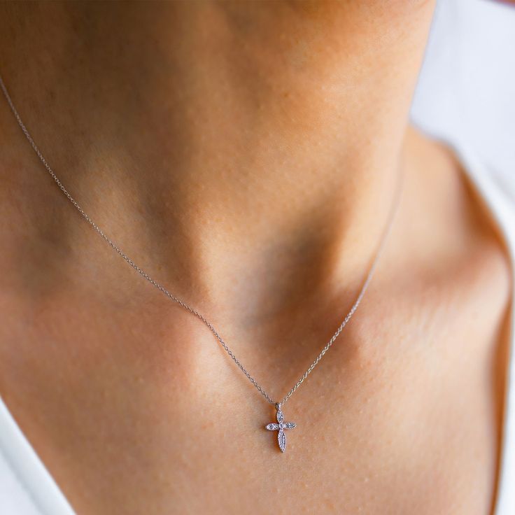 Mini Diamond Cross Necklace Real 14k Solid Gold Dainty Tiny Cross Pendant With White Diamond Gemstone Elegant Stylish Necklace Mother's Day ▶ 𝙋𝙍𝙊𝘿𝙐𝘾𝙏 𝙁𝙀𝘼𝙏𝙐𝙍𝙀𝙎 * 14k Solid Gold Necklace * Total Carat: 0.08 ct * Diamond Quality: G Colour VS Clarity * Total Numbers Of: 10 * Necklace Width: 7.89 mm ( 0.31 inches) * Necklace Length: 1.07 cm ( 0.42 inches) ❤️ A quality design that will amaze you with its shine that you can choose for your daily or special occasions. Complete the eleganc Brilliant Cut Cross Pendant Necklaces, 14k Gold Silver Diamond Necklace With Gemstone, Silver 14k Gold Diamond Necklace With Gemstone, Silver Diamond Necklace With Gemstone In 14k Gold, Gift Diamond Necklace With Cross Pendant, Diamond Cross Pendant Necklace With Accents As Gift, Fine Jewelry Diamond Cross Pendant, Cubic Zirconia Cross Necklace For Gift, Fine Jewelry Cross Necklace With Diamond Accents