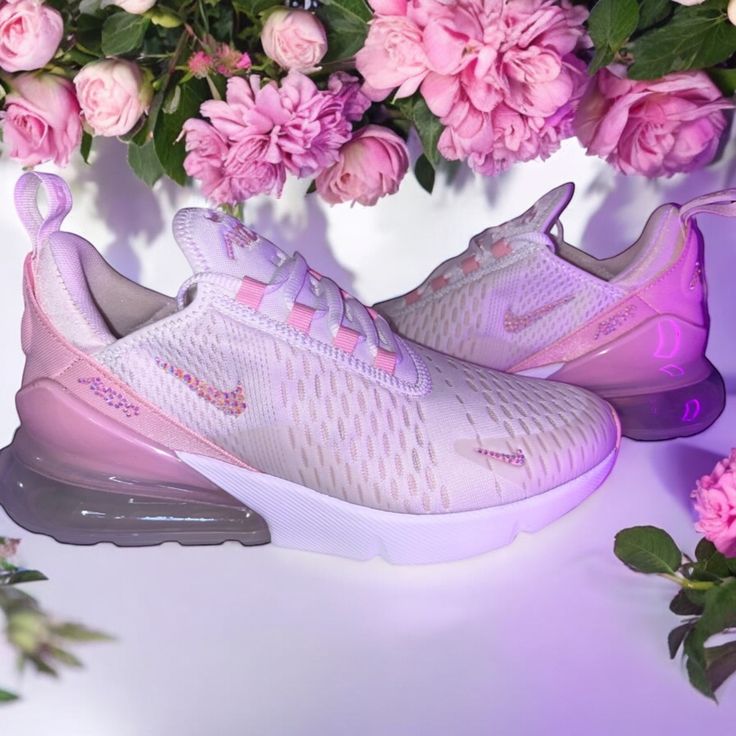 Customized Nike Air Max 270. Color light pink and white. Rare color scheme to find. Women's size 8. I recommend sizing up in this shoe as they run small. I wear a size 6.5-7 but wear a 7.5-8 in these shoes. These are brand new and never worn customized with Swarovski gems. Bedazzled Things, Wishlist Ideas, Custom Nike Shoes, All Nike Shoes, Shoe Wishlist, Custom Nike, Cute Nike Shoes, Sneakers Athletic, Cute Nikes