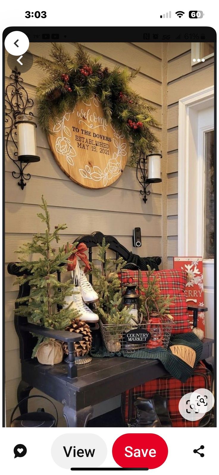 an image of christmas decorations on the front porch with text that reads, view save