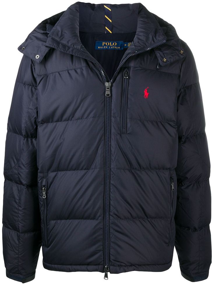 Navy recycled polyester Pony Logo hooded puffer jacket from POLO RALPH LAUREN featuring signature Polo Pony motif, padded design, quilted, down-feather filling, long sleeves, front two-way zip fastening, detachable hood, front zip fastening pockets, zip-fastening chest pocket, internal pocket and drawstring hem. Conscious: This item is made from at least 50% recycled or upcycled materials. For recycled synthetic clothing products we highly recommend using a microfibre-catching washing bag to ens Mens Outdoor Jackets, Ralph Lauren Jacket, Logo Azul, Hooded Puffer Jacket, Polo Pony, Ralph Lauren Outfits, Detachable Hood, James Bond, Puffer Coat