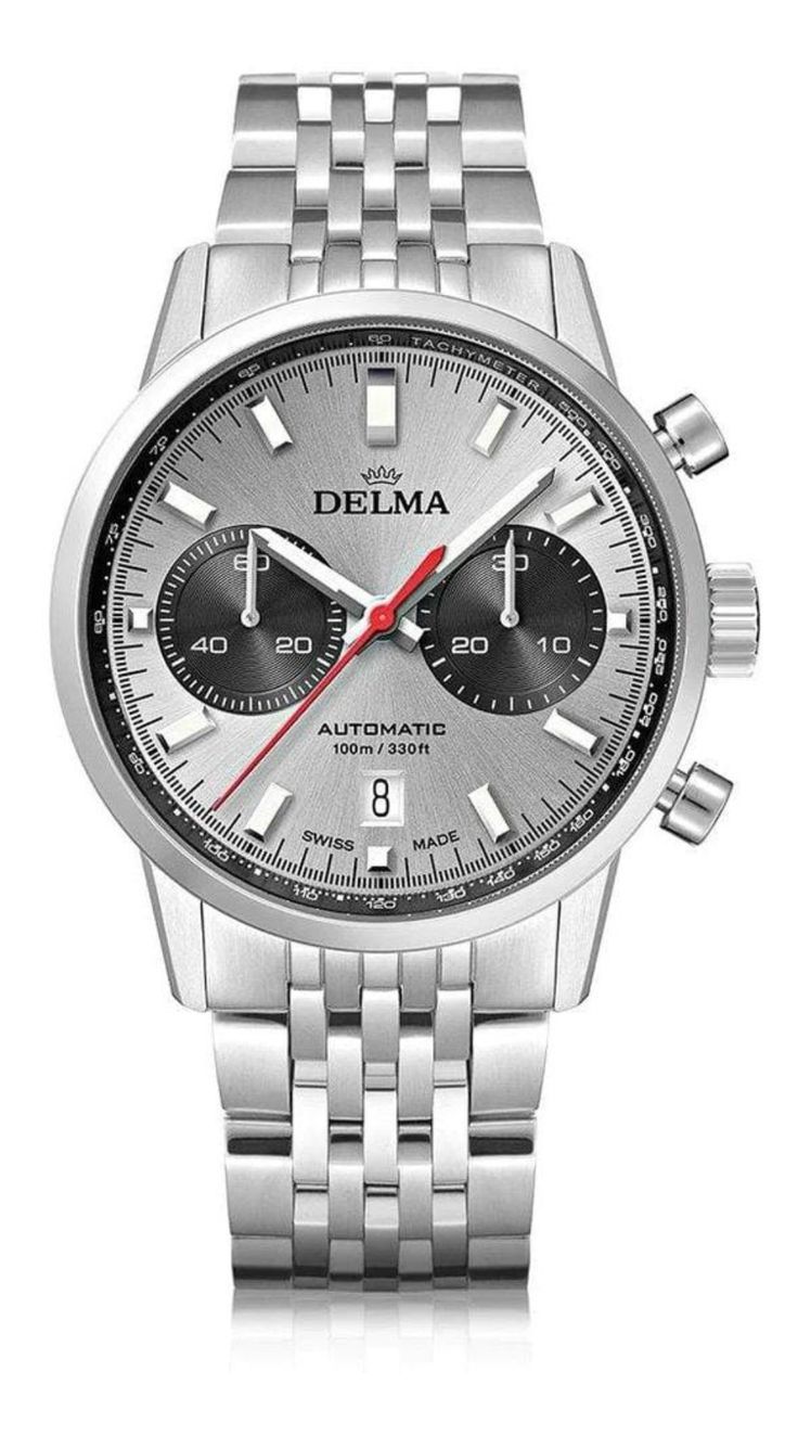 Silver dial, silver applied indexes delma watch Timeless Silver Watch With Tachymeter, Modern Silver Chronograph Watch, Modern Silver Watches With Subdials, Modern Silver Chronograph Watch With Round Dial, Timeless Silver Chronograph Watch With Subdials, Modern Gray Chronograph Watch, Silver Chronograph Watch With Analog Display, Classic Silver Chronograph Watch With Analog Display, Modern Silver Chronograph Watch With Subdials