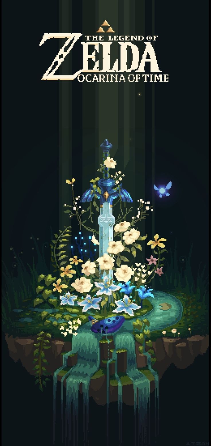 the legend of zelda poster with flowers and butterflies in front of a fountain on a dark