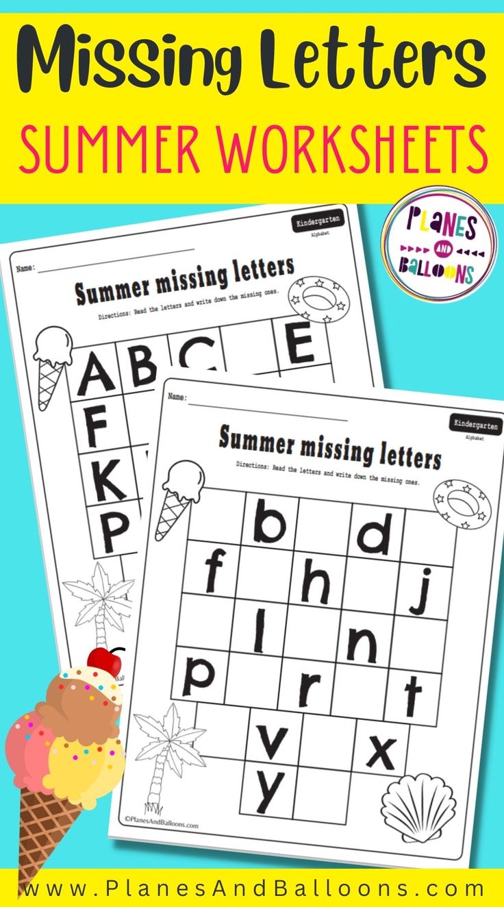 two summer letter worksheets with an ice cream cone and the words missing letters