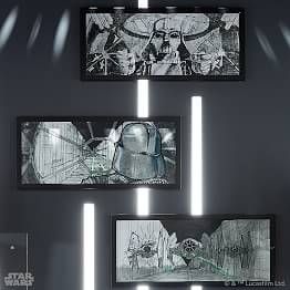 star wars artwork displayed on the wall with lights coming from them and paintings hanging above