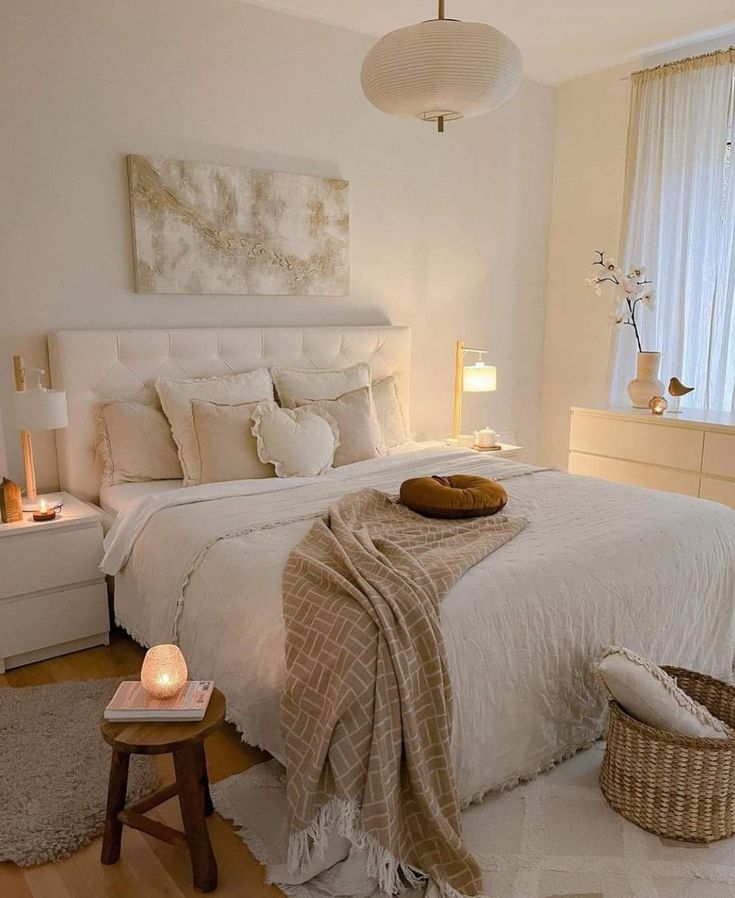 a bedroom with a bed, nightstands and lamps