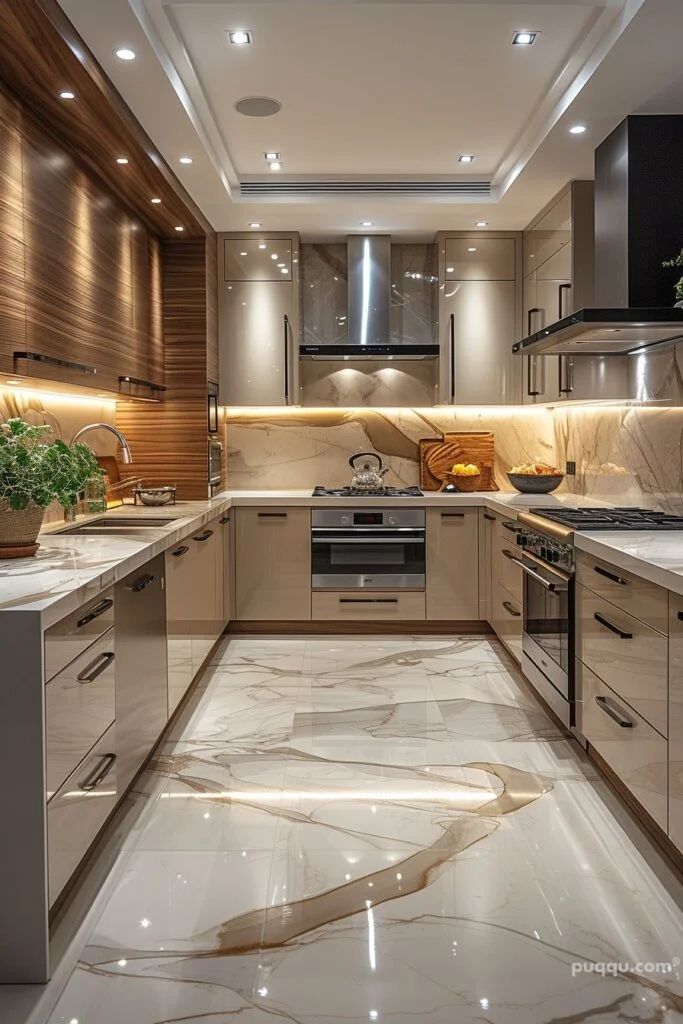 a kitchen with marble flooring and white counter tops on both sides of the room