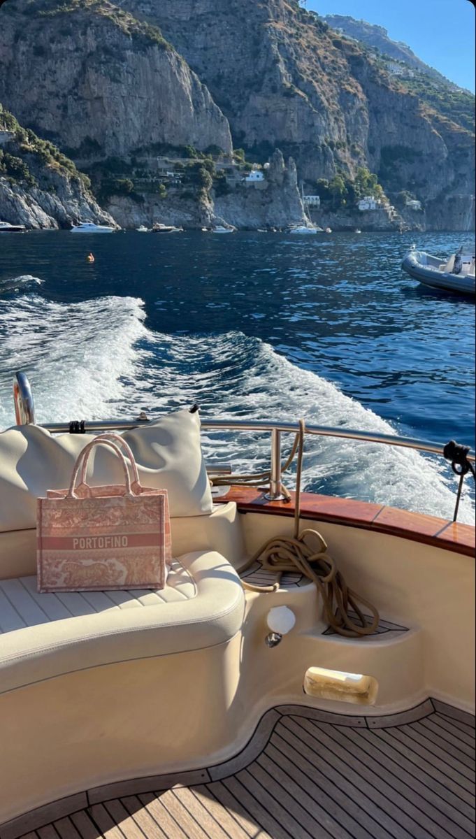 a bag sitting on the back of a boat with mountains in the background at sea