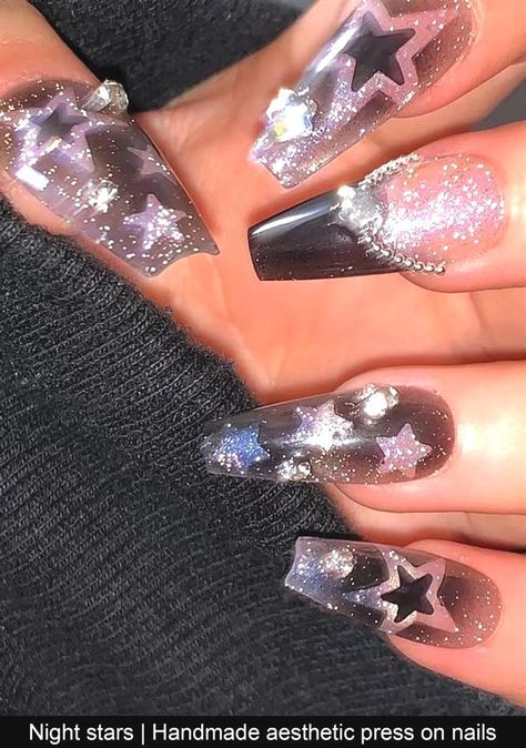 Aesthetic Press On Nails, Nails Rainbow, Handmade Aesthetic, Night Stars, Goth Nails, Acrylic Press On Nails, Grunge Nails, Girly Acrylic Nails, Pretty Gel Nails