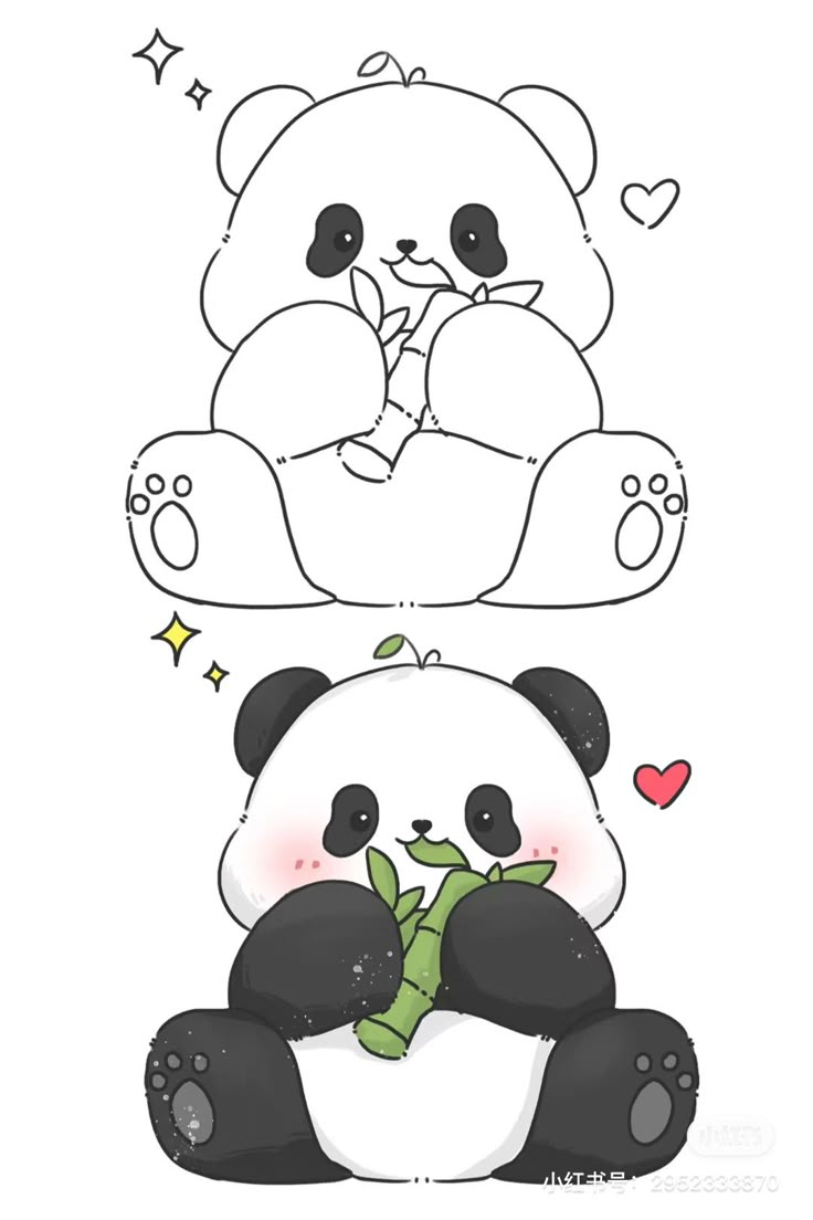 a panda bear sitting on top of a green plant next to a drawing of a teddy bear