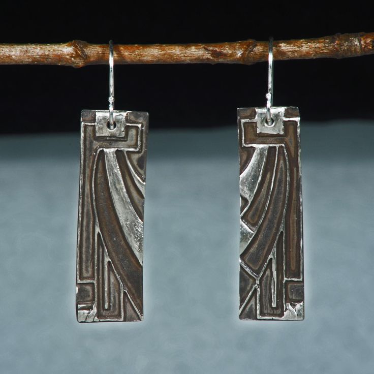 Handmade art deco style fine silver (.999) earring. Approx. 1.5"x.5" - sterling silver ear wires. Unique Etched Silver Earrings, Handmade Silver Art Deco Jewelry, Handmade Art Deco Silver Jewelry, Unique Silver Etched Earrings, Unique Silver Earrings With Artistic Design, Artisan Etched Sterling Silver Earrings, Artisan Silver Earrings With Artistic Design, Silver Artisan Earrings With Artistic Design, Artisan Sterling Silver Etched Earrings