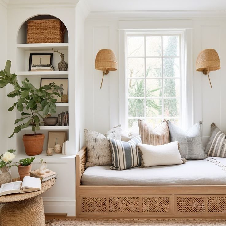 a living room filled with lots of furniture and pillows on top of a wooden bench