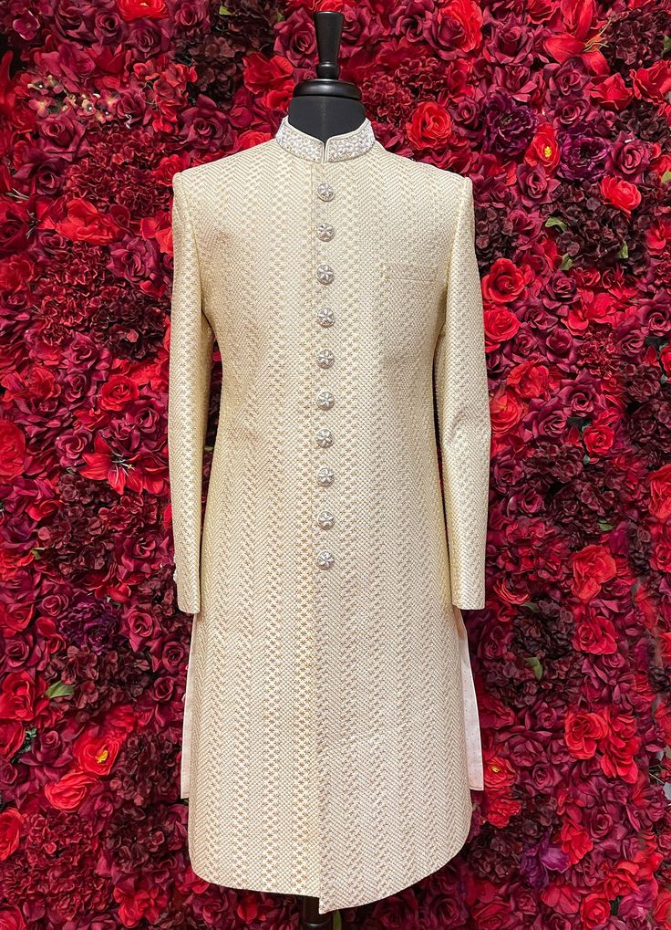 Mens Ivory Gold Sherwani_Groom Wear