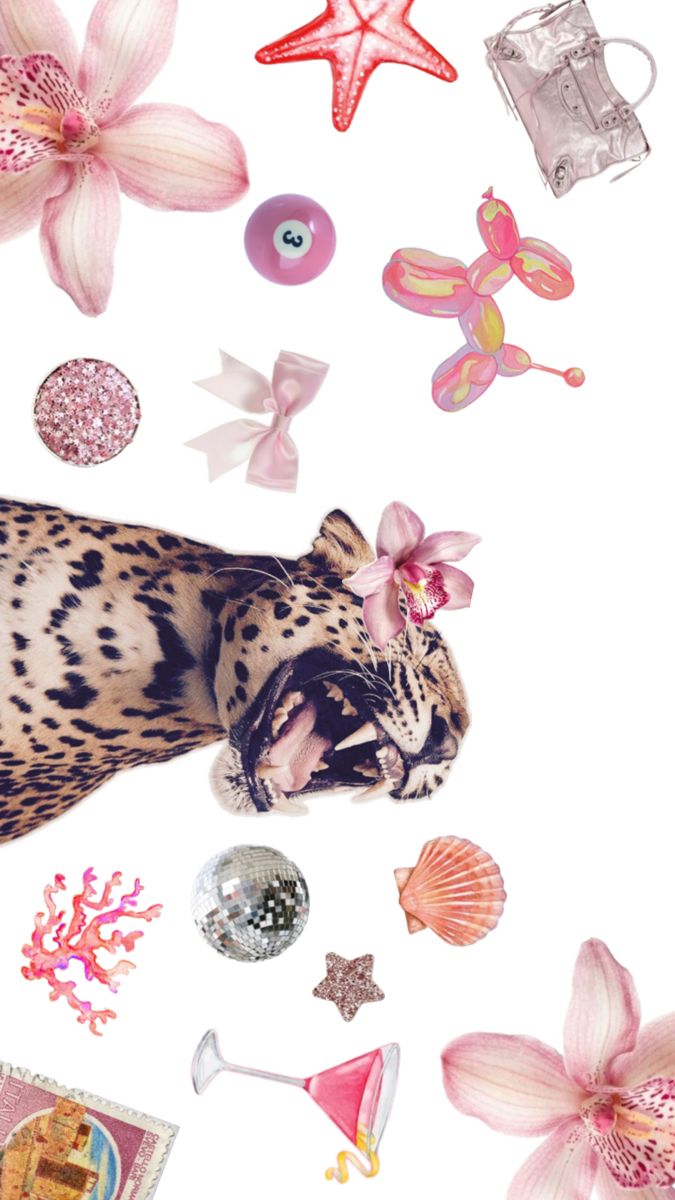 an animal with its mouth open surrounded by assorted items and flowers on a white background