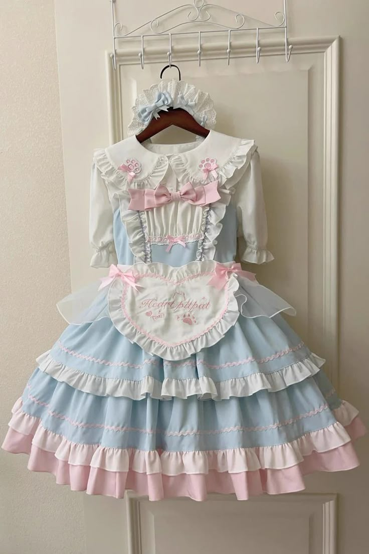 Cat Ear Story Multi-layer Ruffle Bowknot Sweet Lolita Jsk Dress 4 Col – LolitaInside Sweet Blue Dress With Ruffles, Blue Ruffled Dresses For Tea Party, Quince Outfits, Dresses Kawaii, Drawing Outfits, Jsk Dress, Gacha Art, Punk Dress, Pink Green Yellow