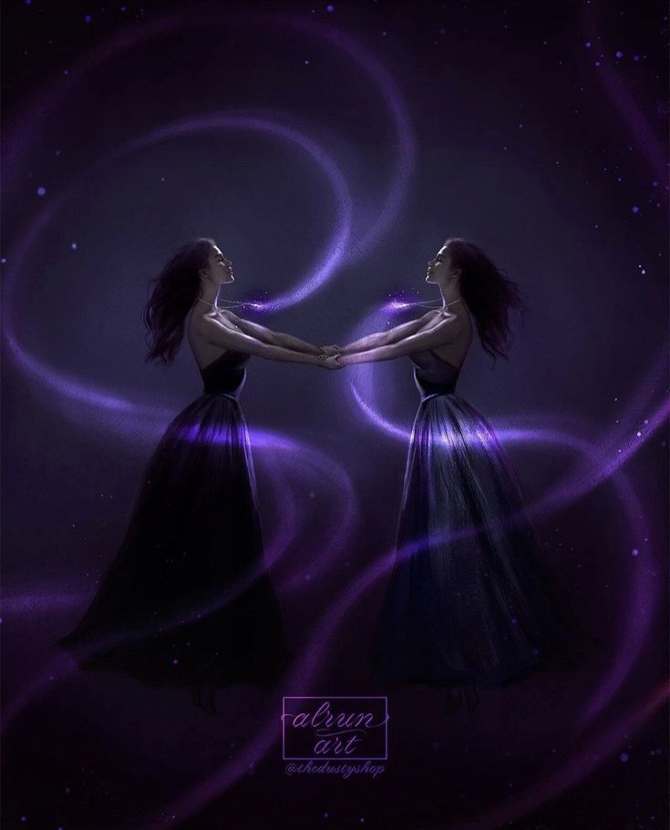 two women holding hands in front of a purple background with swirls and stars on it