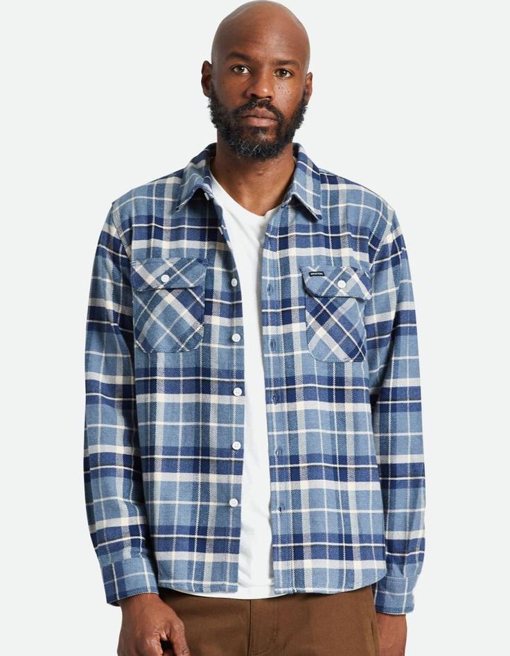 Brixton Bowery Flannel. This Classic, Two-Pocket Flannel Looks And Feels Like A Favorite Shirt From Day One. Designed With Signature Vintage-Inspired Plaids And A Proprietary, Anti-Scratch Vegan Wool Tri-Blend. Ideal For Layering Over A Tee For Added Warmth Or Wearing On Its Own For Dinner Dates. Clean Finished Seams For A Polished Look. Chest Pocket With Woven Label. Softener Wash. Standard Fit With A Curved Hem. 60% Cotton 23% Polyester, 17% Acrylic. Machine Wash. Imported. Flannel Workwear Tops With Pockets, Blue Flannel Shirt With Pockets For Fall, Collared Flannel Shirt With Pockets, Flannel Work Shirt With Pockets, Blue Relaxed Fit Flannel Shirt With Pockets, Blue Flannel Shirt With Pockets, Classic Blue Collared Flannel Shirt, Blue Collared Flannel Shirt With Button Closure, Button-up Flannel Shirt With Pockets