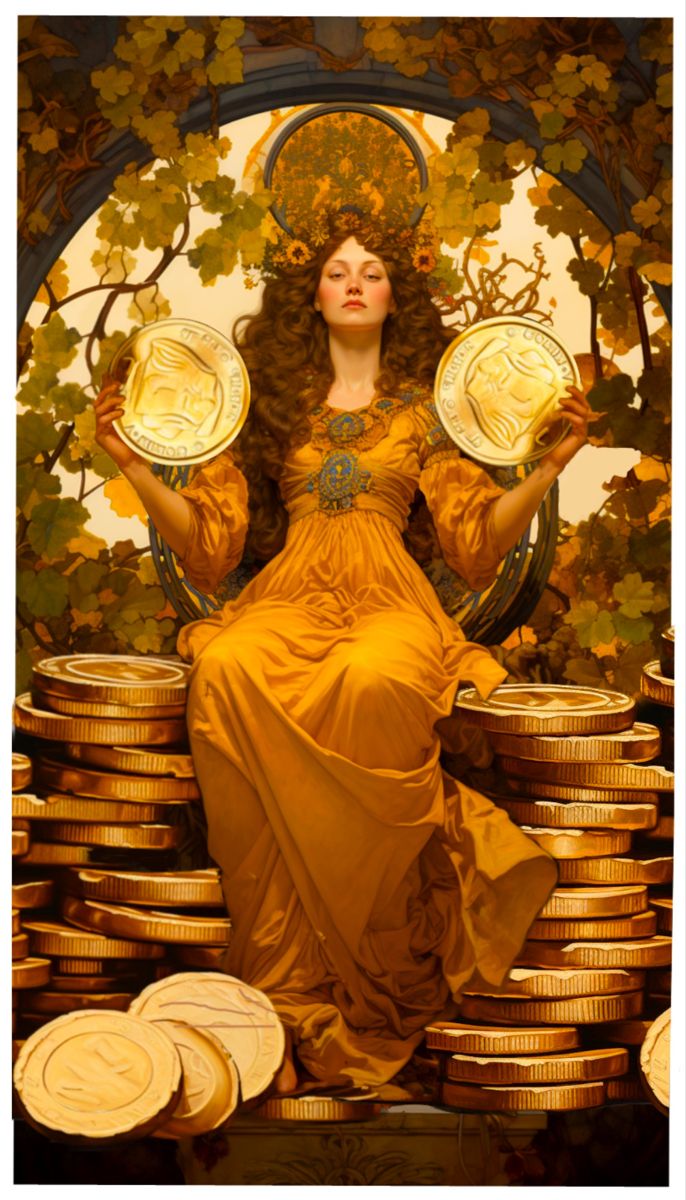 a woman sitting on top of a pile of gold coins next to stacks of golden coins