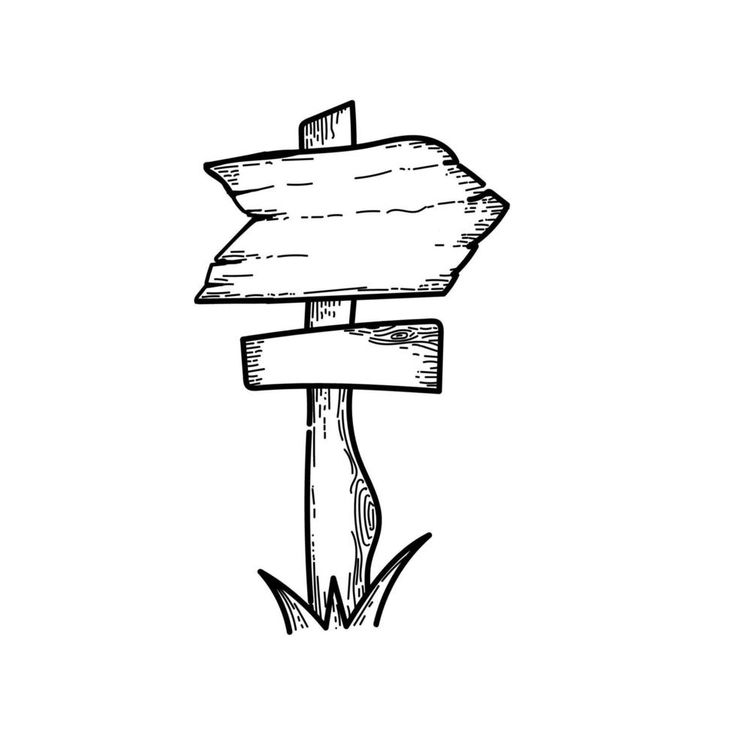 a wooden sign pointing to the left with grass and flowers around it, in black and white