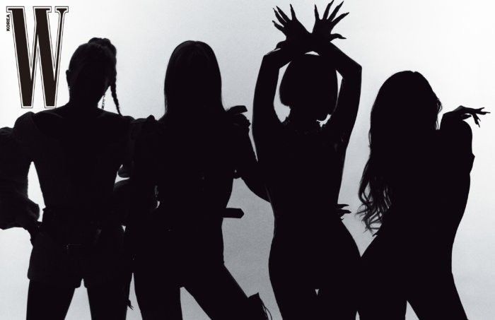 the silhouettes of three women are standing in front of a white background with the word w on it