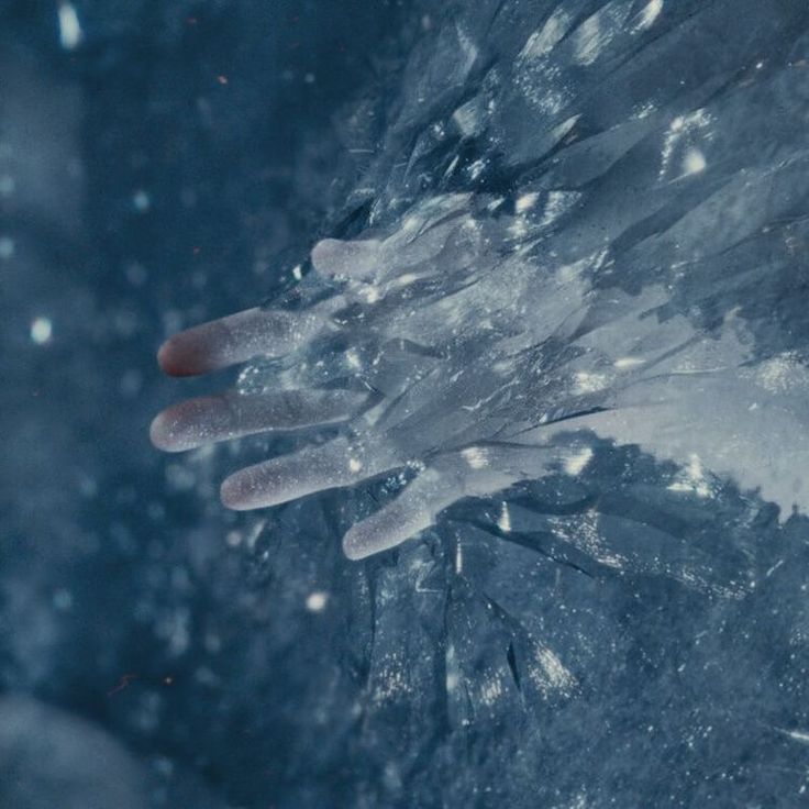 an image of snow and ice on the ground with one hand in the air above it