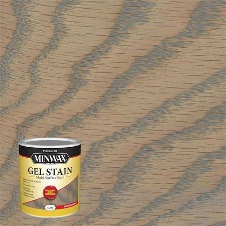 a can of minwax gel stain sitting on top of a wooden flooring