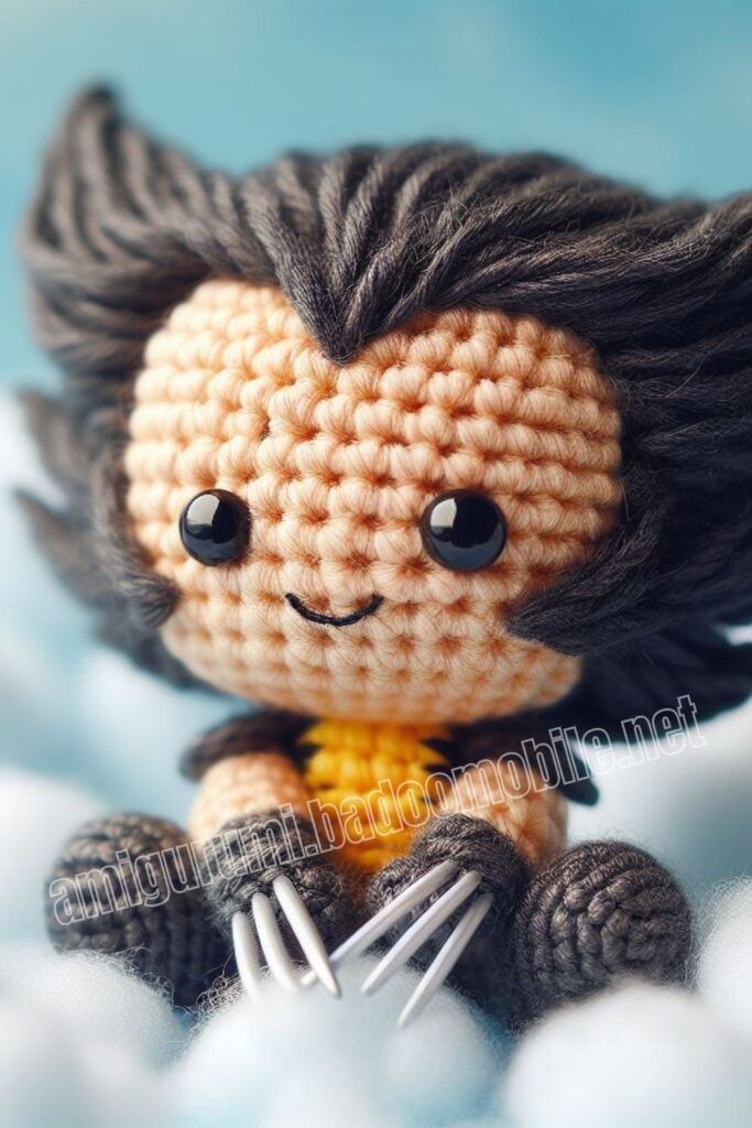 a crocheted doll with black hair holding a fork in it's hand