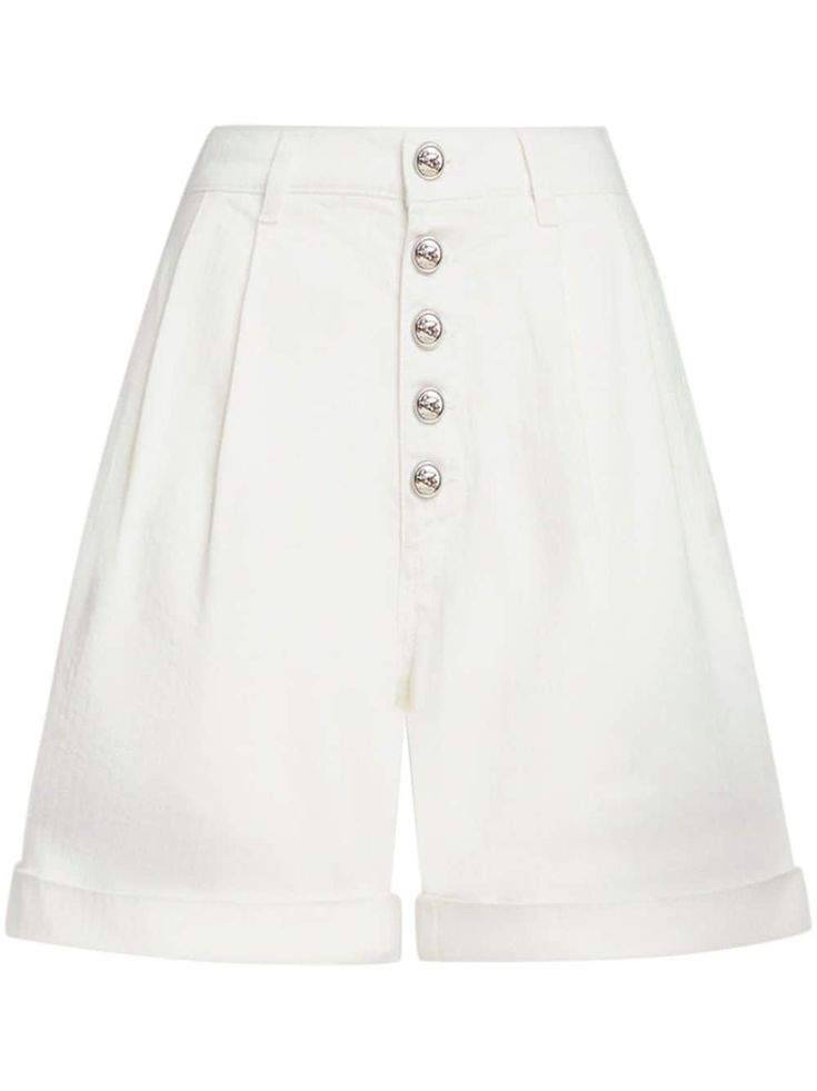 milk white cotton embroidered logo to the rear signature Pegaso motif embossed silver-tone buttons pintuck detailing front button fastening high-waisted belt loops two side inset pockets two rear button-fastening jetted pockets turn-up hem Pants Collection, Shorts White, Pin Tucks, Short Outfits, White Cotton, Bermuda Shorts, White Shorts, High Waist, Top Brands