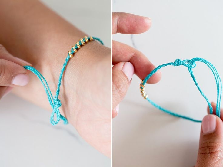 two pictures showing how to tie a bracelet with string and beads on the end, then tying it together