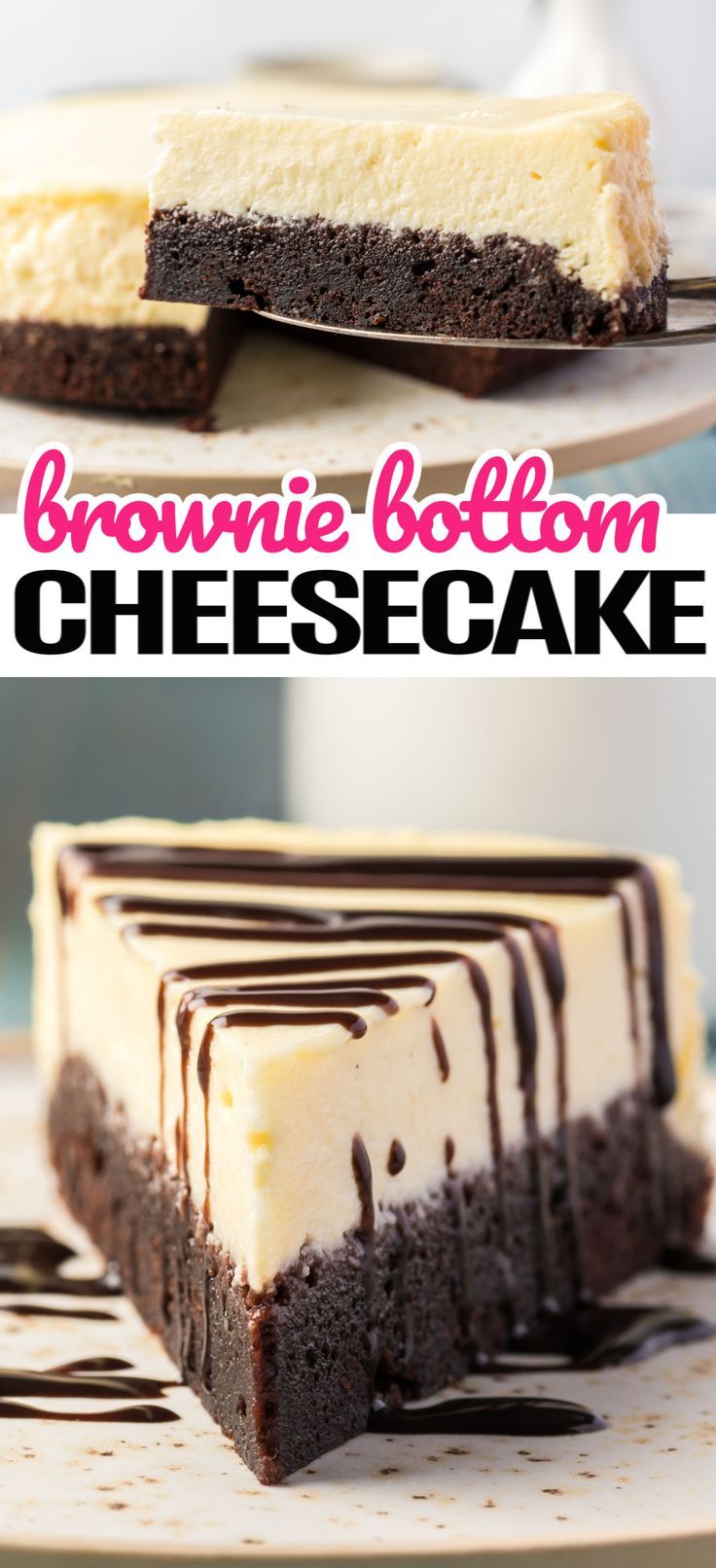 chocolate cheesecake on a plate with the words brownie bottom and cheesecake below