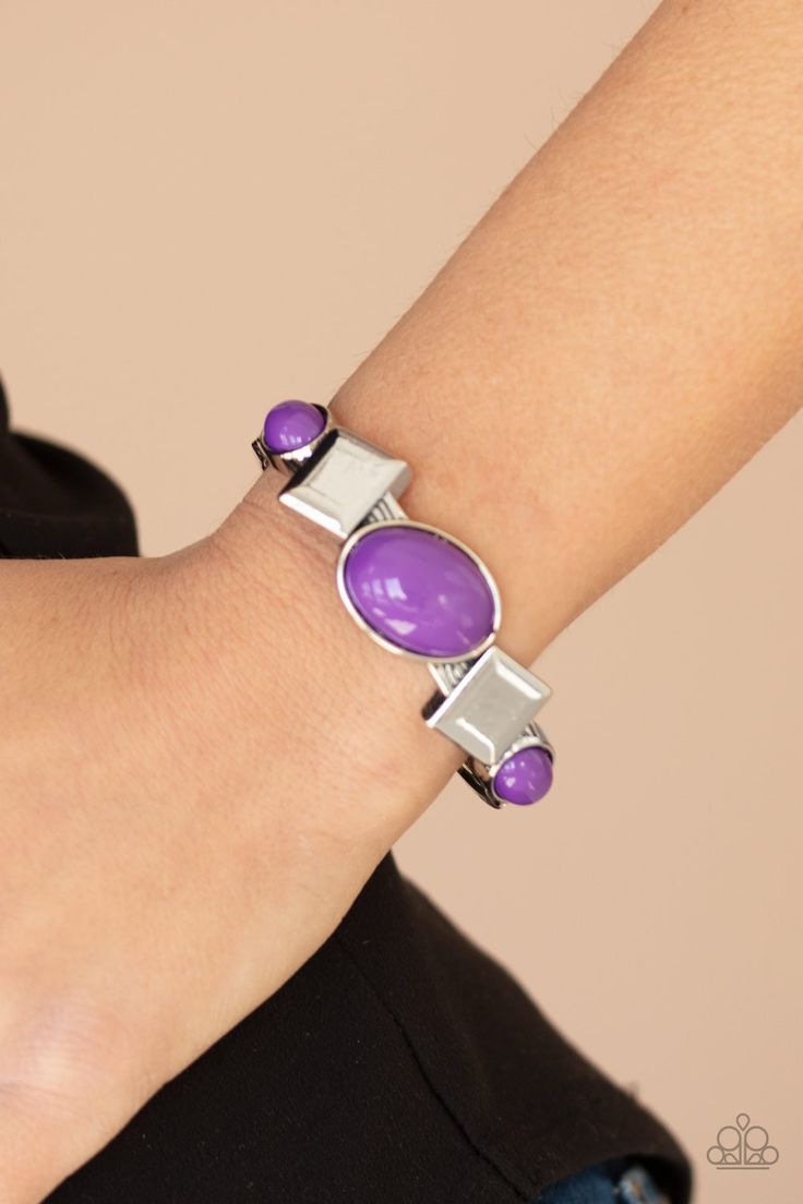 ABSTRACT APPEAL - PURPLE Vivacious purple oval beads and antiqued silver square frames are pressed into the textured front of a cuff-like bangle, creating a colorful pop of color around the wrist. Features a hinged closure. Sold as one individual bracelet. P9WH-PRXX-214XX ORDERED 12 AUG 20 Hinge Bracelet, Abstract Jewelry, Purple Bracelet, Oval Beads, Purple Abstract, Hinged Bracelet, Paparazzi Accessories, Paparazzi Jewelry, Boutique Jewelry